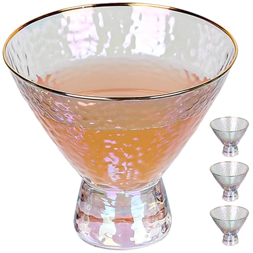 Lysenn Iridescent Stemless Martini Glasses Set of 2 - Premium Hammered Cocktail Glasses for Weddings, Anniversary, Christmas, Party - 7.7oz Gold Rim