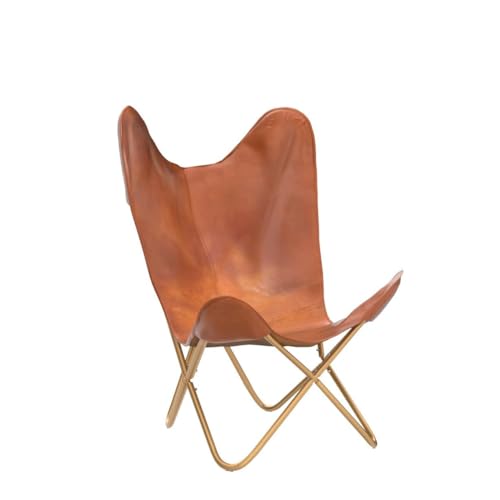 Leather Living Room Chairs-Butterfly Chair Brown Leather Butterfly Chair-Handmade with Powder Coated Folding Iron Frame (Cover with Folding Frame) (Golden Frame)
