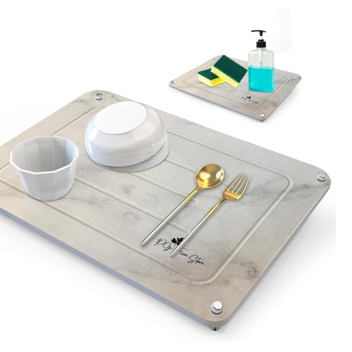 Stone Dish Drying Mat for Kitchen Counter -Quick Dry Stone Dish Drying Mat -Dish Drying Stone Mat for Kitchen Counter -Fast Drying Mat for Kitchen -Viral Stone Drying Mat (White Marble)