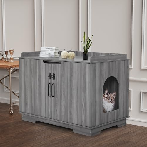MCombo X-Large Cat Litter Box Furniture Hidden with Top Opening, XL Pet Enclosed Litter Bench with Divider, Wooden Hideaway Extra Large Cat House, Cat Washroom Storage Bench Indoor CT37