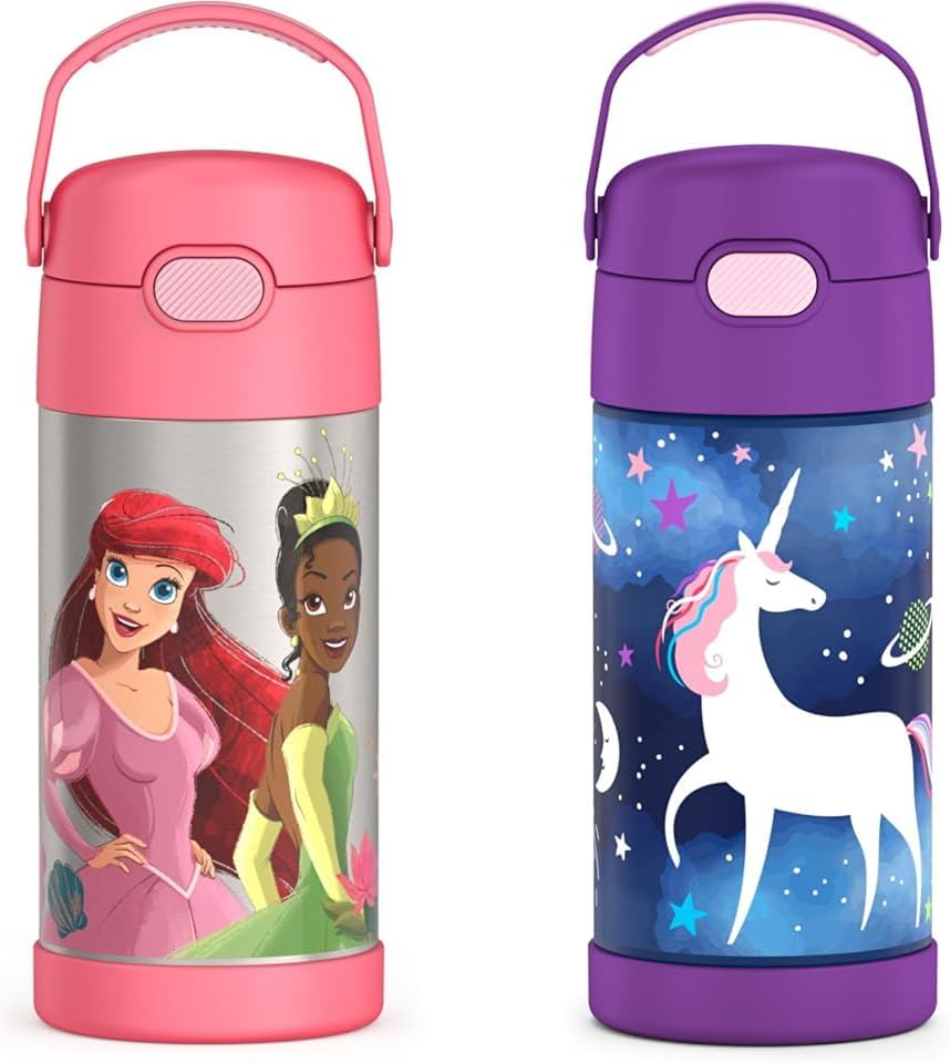 THERMOS FUNTAINER 12 Ounce Stainless Steel Vacuum Insulated Kids Straw Water Bottles, Disney Princess and Space Unicorn