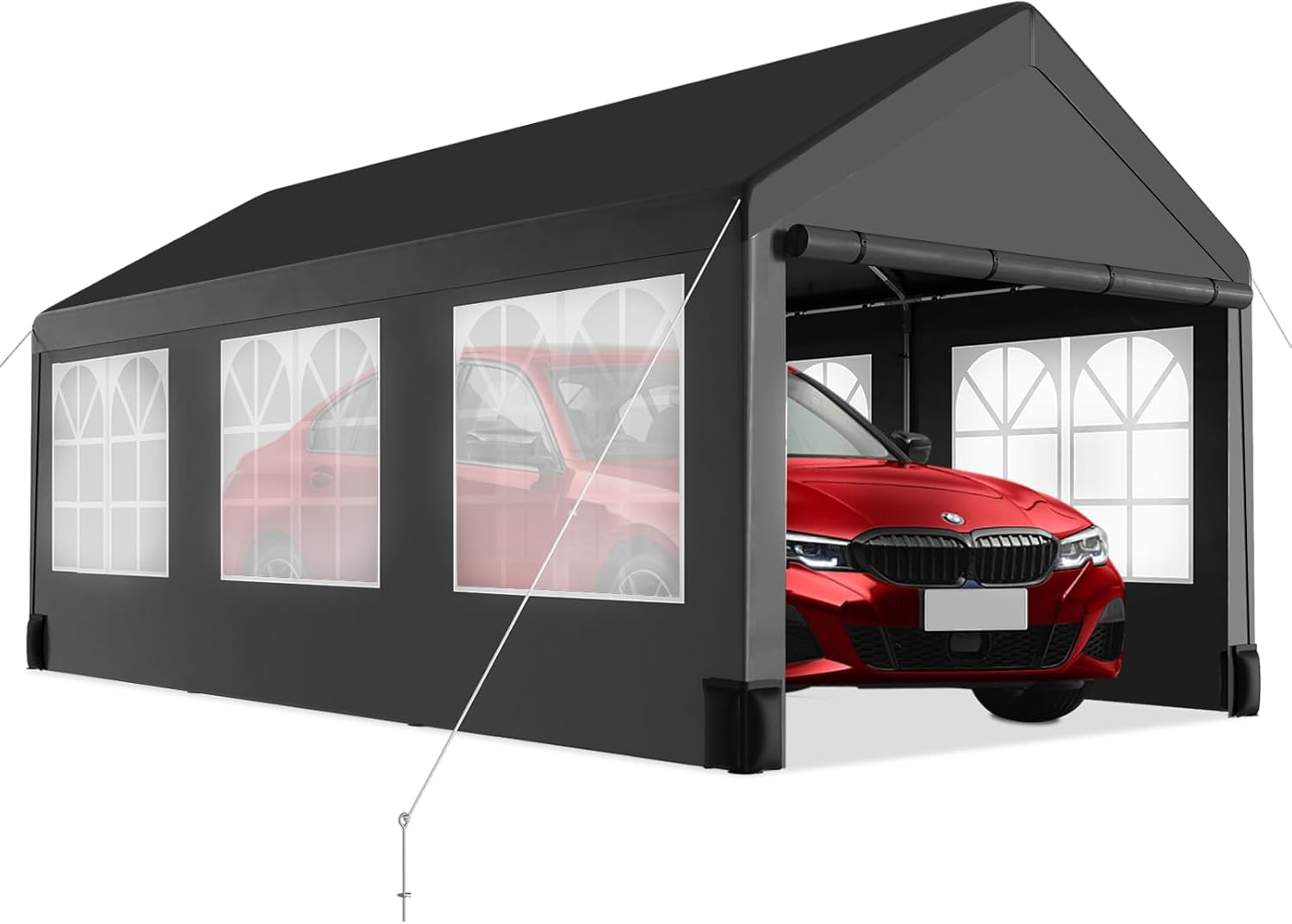 12 * 20 Heavy Duty Carport Canopy, Portable Car Tent Garage with 6 Roll-up Windows and All-Season Tarp Cover, Metal Roof & 4 Sandbags for Car, SUV, Truck & Boat, Black