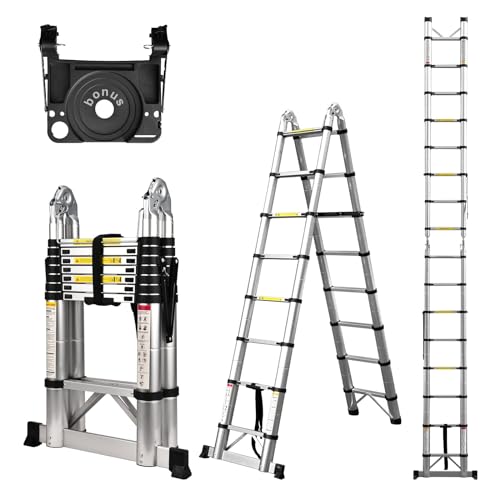 15.5 Ft Telescoping Ladder, SocTone Aluminum with Non-Slip Feet, 330lbs Max Capacity, Collapsible Ladder with Hooks for RV or Outdoor Work