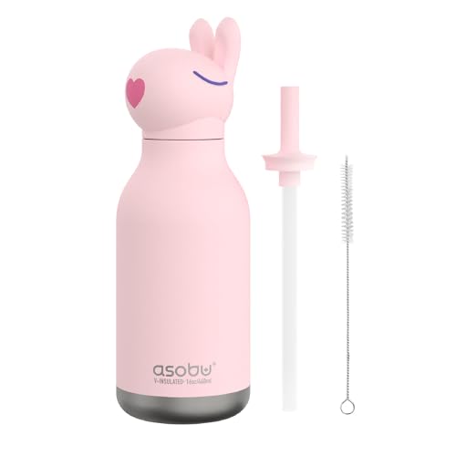 asobu Bestie Bottle Insulated Stainless Steel Water Bottle with Detachable Soft Animal Head Fun Drinking For Kids and Teens16 Ounce with Flexible Reusable Straw (Dog)