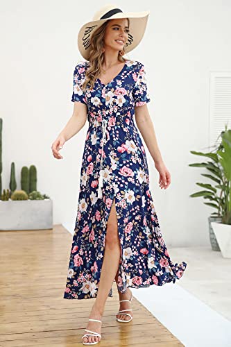 Women's Floral Maxi Dresses Casual Long Summer Boho Beach Dress Short Sleeve Button Up Split Party Dress
