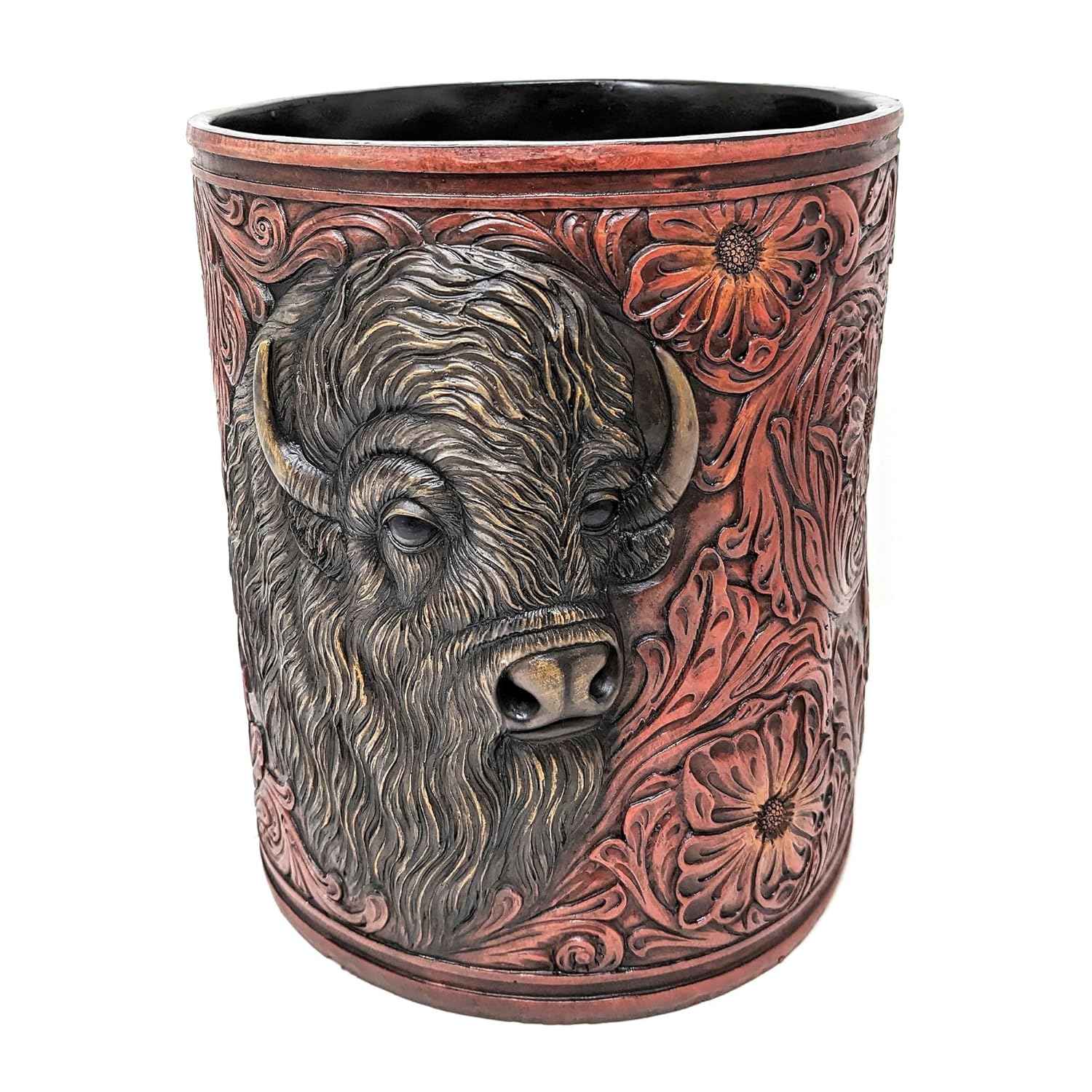 BestGiftEver Western Bison Bust Trash Can | Rustic Tooled Leather-Look | Bathroom, Bedroom, Office | Southwest Decorative Wastebasket