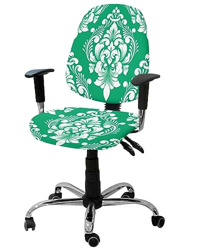 Green Ethnic Totems Office Chair Covers 2PCS, Stretch Computer Chair Cover Universal Rotating Desk Chair Seat Cover Washable Back Chair Slipcover Protector Vintage Classical Brocade Old-fashioned
