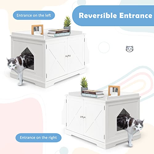 Tangkula Cat Litter Box Enclosure, Wooden Cat House Side Table w/Removable Divider, Reversible Entrance, Magazine Rack, Large Nightstand Pet House, Hidden Cat Washroom, Litter Box Furniture (White)