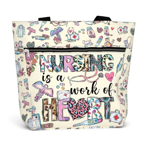 Large Waterproof Tote Bag. Gift for Nurse with Pockets and Zipper for Work. Graphic Shoulder Bag for Women.