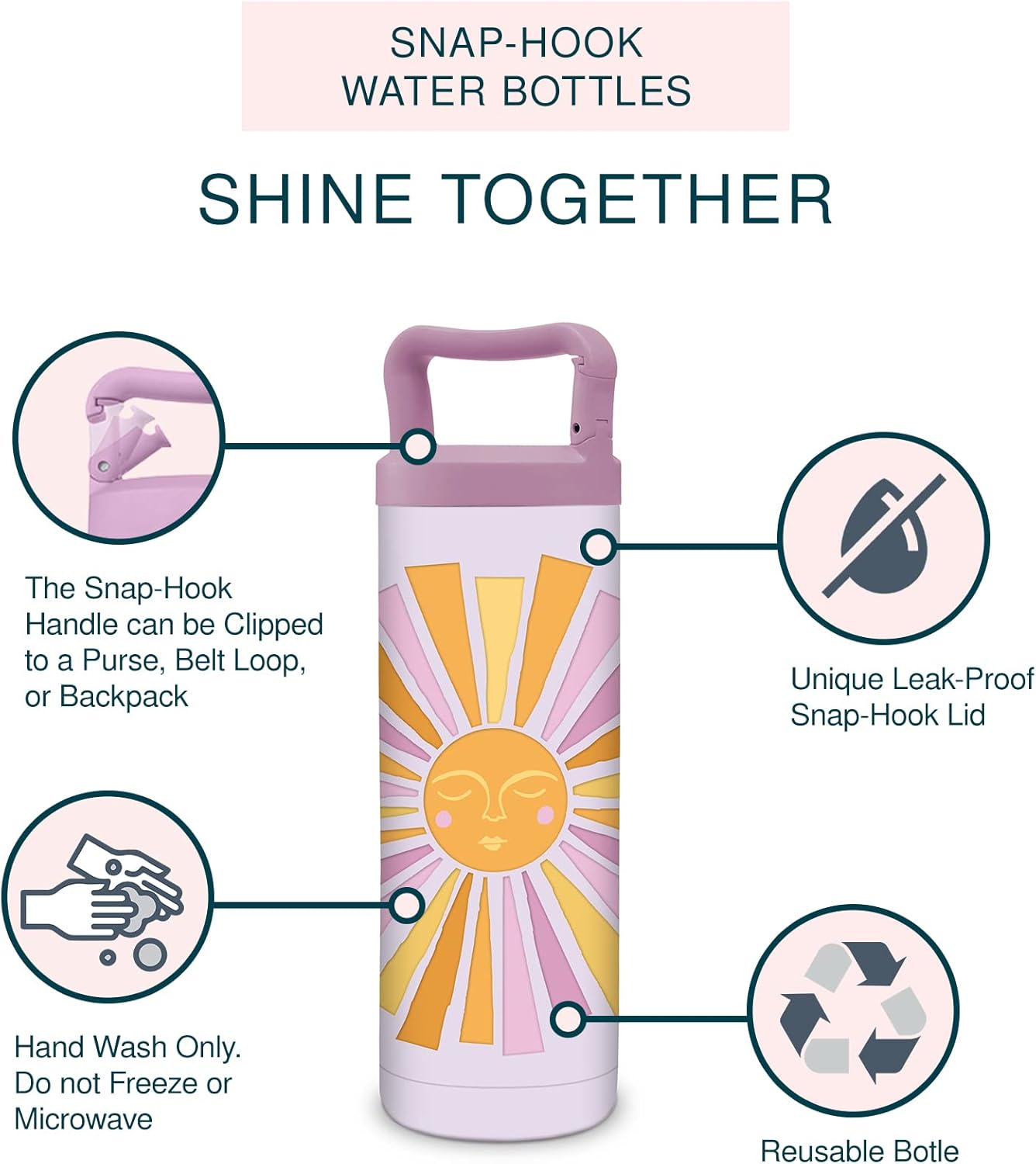 Studio Oh! Insulated Water Bottle - 20-Ounce Snap-Hook Stainless Steel Water Bottles - BPA-Free Shine Together