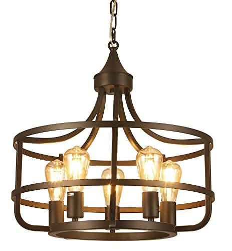 Farmhouse Chandelier for Dining Room Kitchen Entryway, 5-Lights Industrial Cage Pendant Light Fixtures over Dining Room Table, Oil Rubbed Bronze Finish Hanging Lamp.