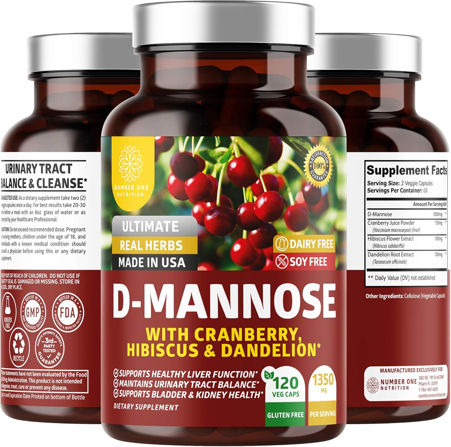 Number One Nutrition Premium D Mannose with Cranberry and Hibiscus [Max Strength, 1350mg] Naturally Supports Urinary Tract Health, Flush Impurities and Bladder Health, 120 Veg Caps