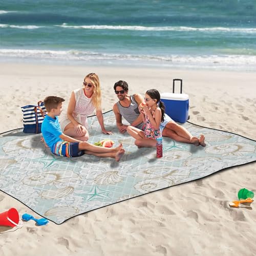 Seashell Extra Large Picnic Outdoor Blanket, Foldable Beach Blanket Waterproof Sandproof Camping Mat for Family Travel Park Wet Grass Hiking Yoga, 60 x 80 Inch