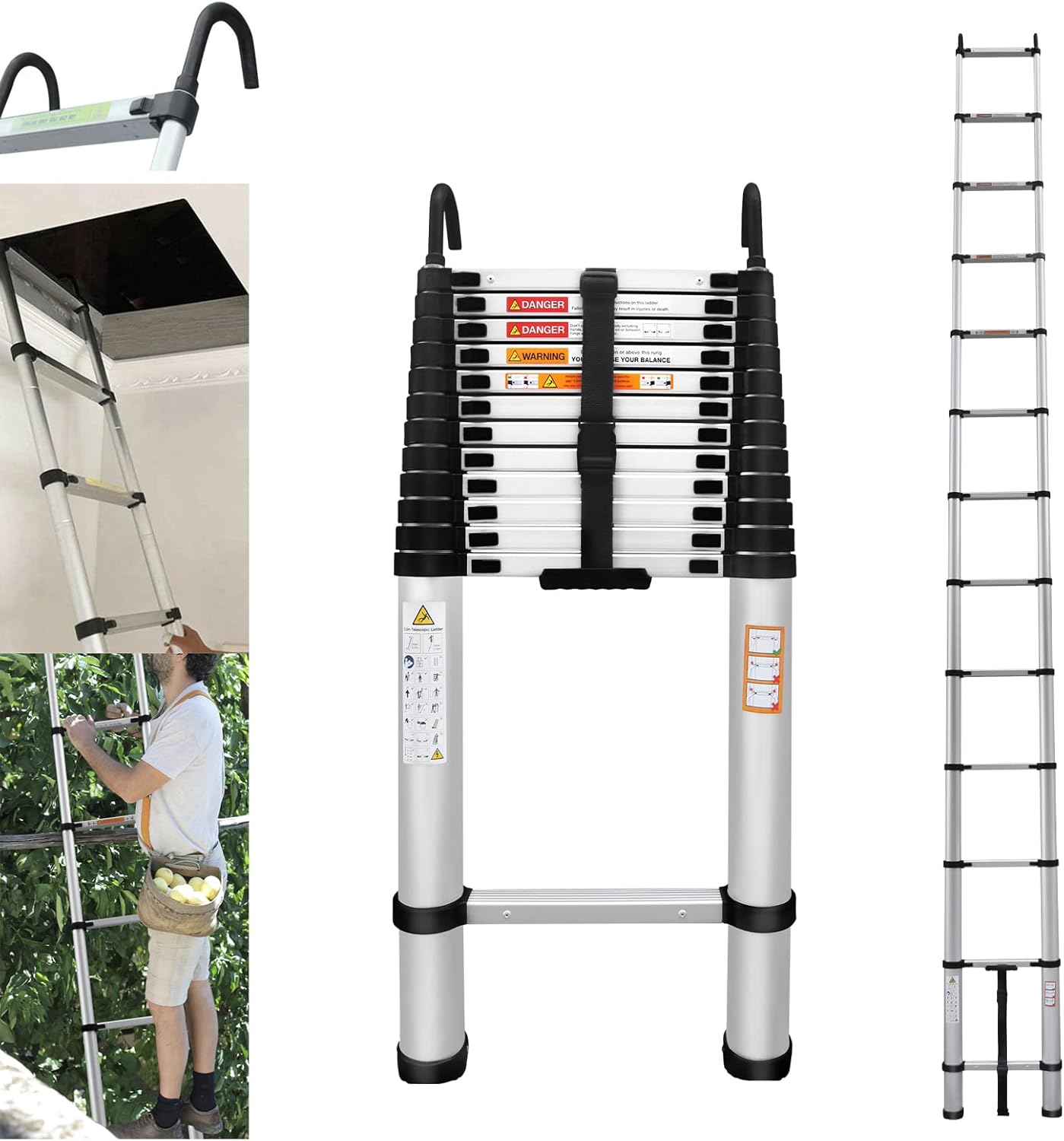 Telescoping Ladder 16FT Aluminum Telescoping Extension Ladder with Roof Hooks, 2.8Inch Detachable Hooks Prefect for Home Or Outdoor Rooftop, Collapsible Ladder Attic Ladder Rv Ladder 330lb Capacity