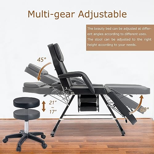 Massage Salon Tattoo Chair with Two Trays Esthetician Bed with Hydraulic Stool Multi-Purpose 3-Section Facial Bed Table Adjustable Beauty Barber Spa Beauty Equipment Black