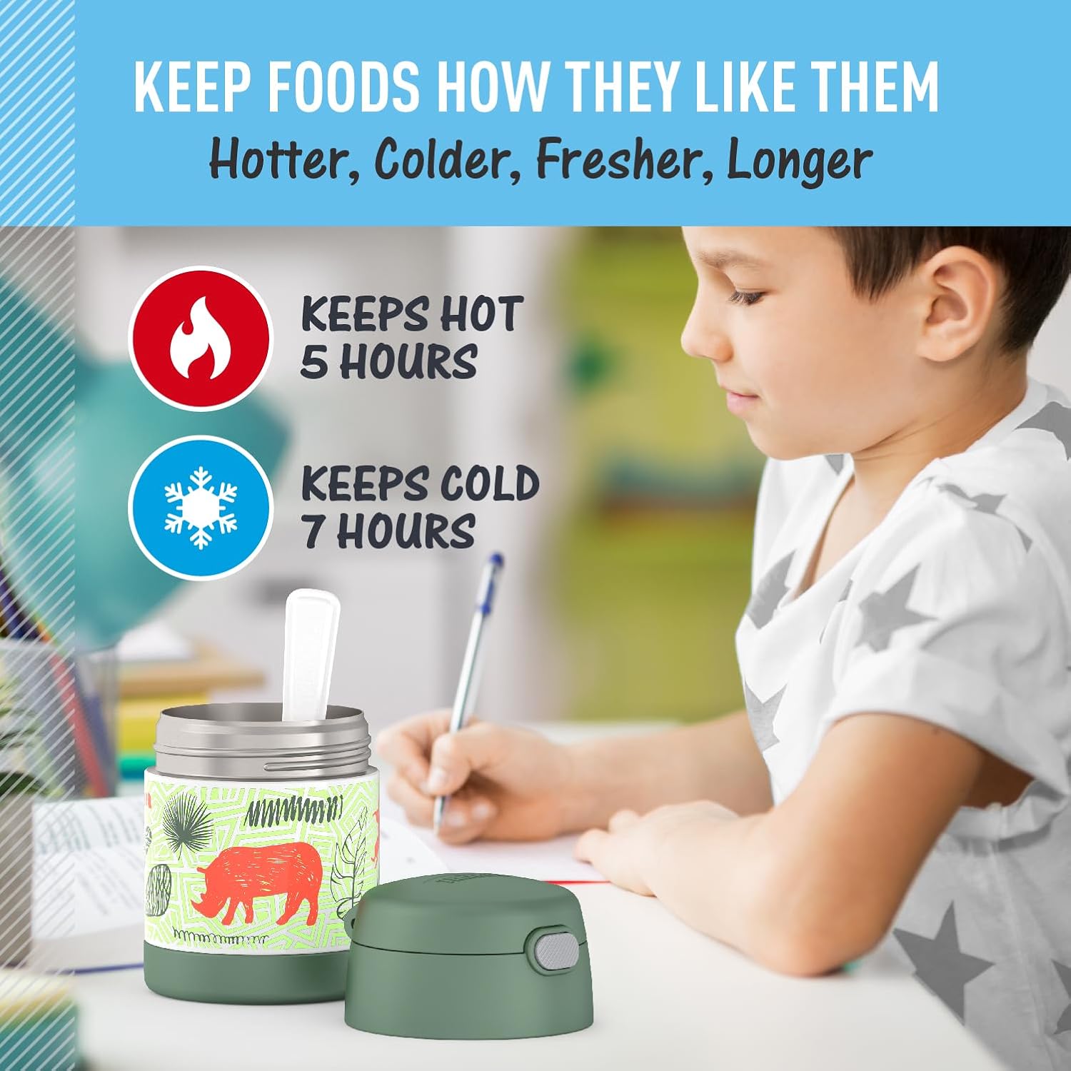 THERMOS FUNTAINER Insulated Food Jar – 10 Ounce, Jungle Kingdom – Kid Friendly Thermos Food Jar with Foldable Spoon