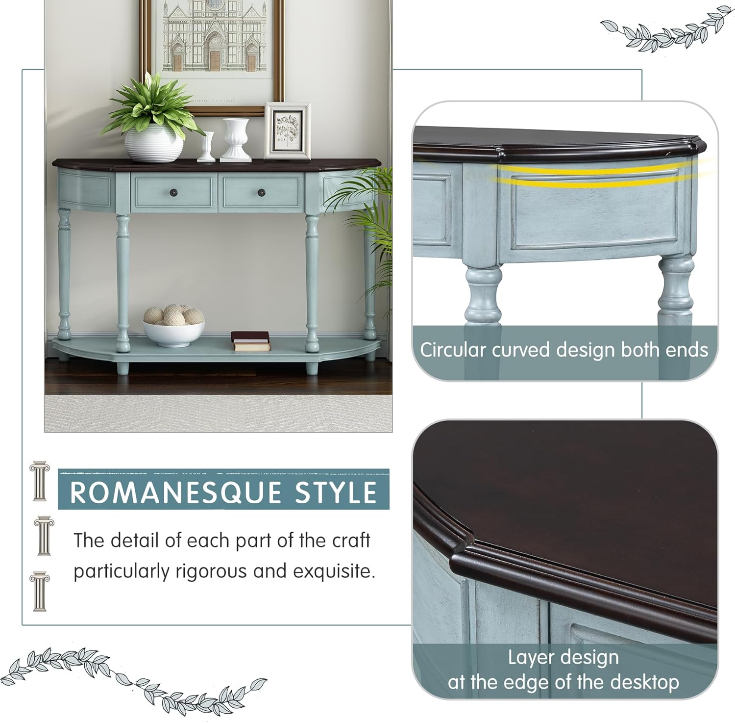 Retro Circular Curved Design Console Table with Open Style Shelf Solid Wooden Frame and Legs Two Top Drawers (Cherry + Antique Blue, OLD SKU: WF298768AAC)