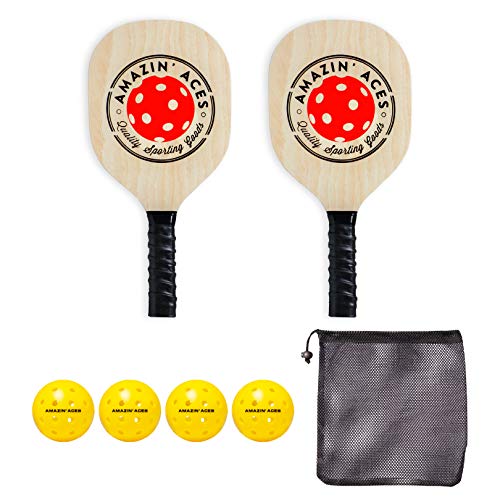 Amazin' Aces Pickleball Wood Paddles Set of 4 or 2 - Wood Pickleball Rackets for All Levels, includes 4 Wooden Pickleball Paddles with Comfy Cushion Grip, 4 Pickleball Balls, and 1 Pickleball Bag