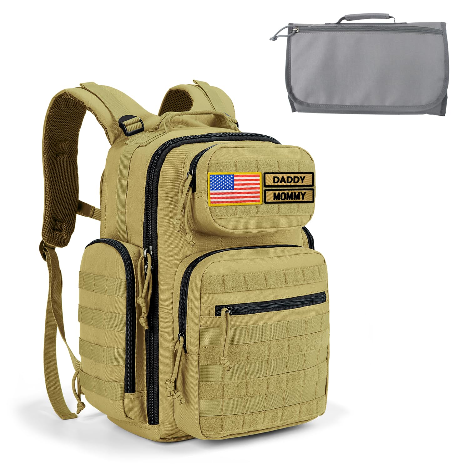 MIRACOL Military Diaper Bag with Changing Pad - Insulated Baby Backpack with Patches for Outdoor Travel Trips - Daddy Diaper Backpack Tan with Waterproof Baby Changing Station for Baby Shower Gifts