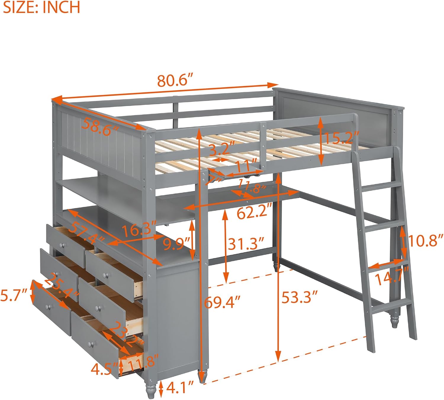 Wooden Loftbed, Full Size Loft Bed with 6 Storage Drawers and Built-in Desk, Solid Wood Loft Bed Frame with Shelves and Convertible Ladder for Kids Boys Girls, No Box Spring Needed, Gray