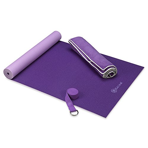 Gaiam Classic Hot Yoga Kit | Starter Set Includes Yoga Mat (68”L x 24”W x 4mm Thick), Mat-Sized Yoga Towel, 6ft Yoga Strap