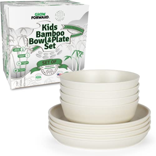 Grow Forward Bamboo Kids Plates and Bowls Set - 4 Bamboo Plates for Kids and 4 Bamboo Bowls for Kids - BPA Free & Dishwasher Safe - Eco Friendly and Reusable Childrens Dishes - Arctic