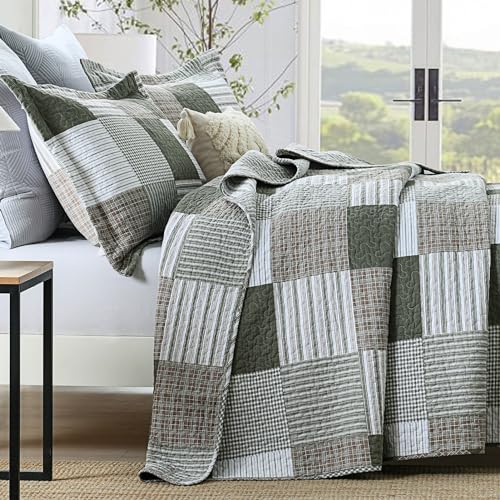 Y-PLWOMEN King Size Quilt - 100% Cotton Cozy King Quilt Set, Farmhouse Plaid King Bedspread, Reservible Lightweight King Quilt Bedding Set for All Season, 3-Pieces