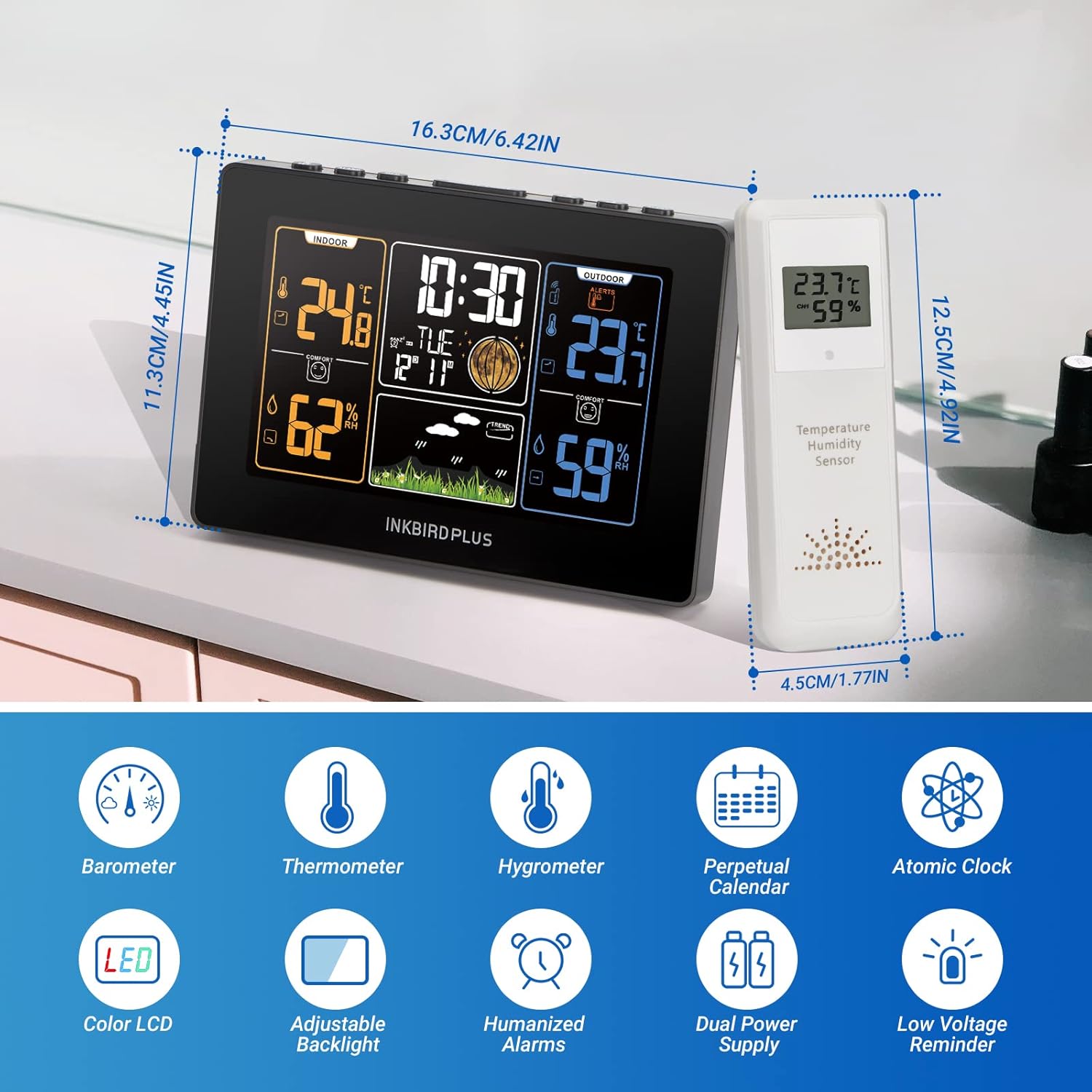 INKBIRDPLUS Home Weather Station Wireless Indoor Outdoor, Digital Thermometer and Hygrometer Weather Forecast Station with FCC Radio Clock, Temperature Humidity Alarm & Color LCD