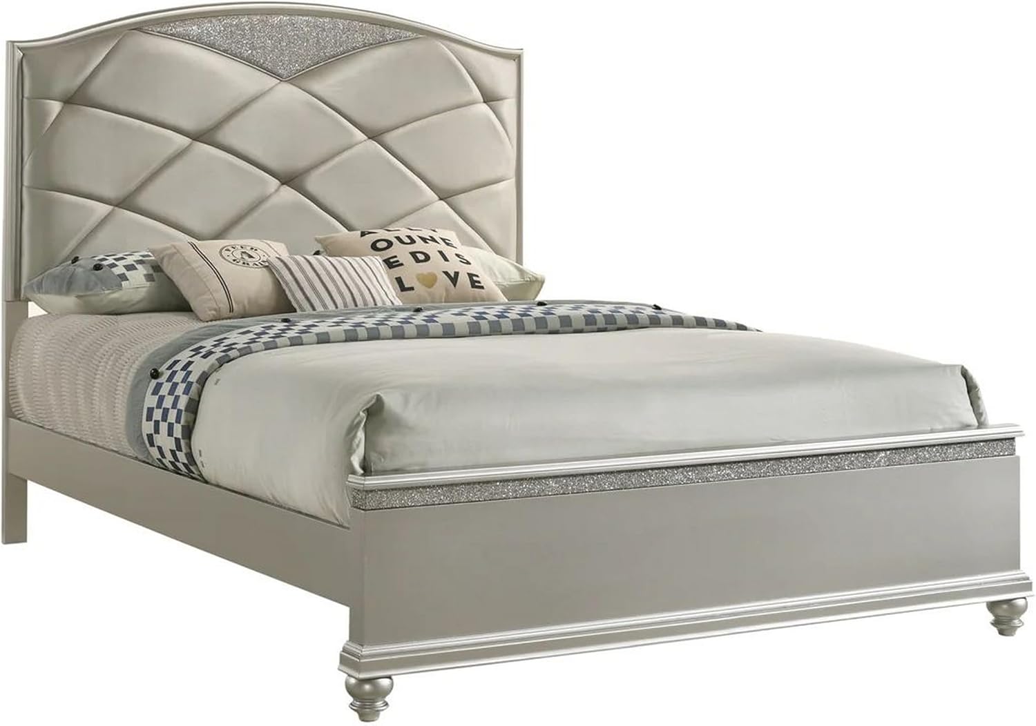 Benjara Vala Queen Bed, Faux Leather Headboard, Grid Tufted, Acrylic Accents, Taupe