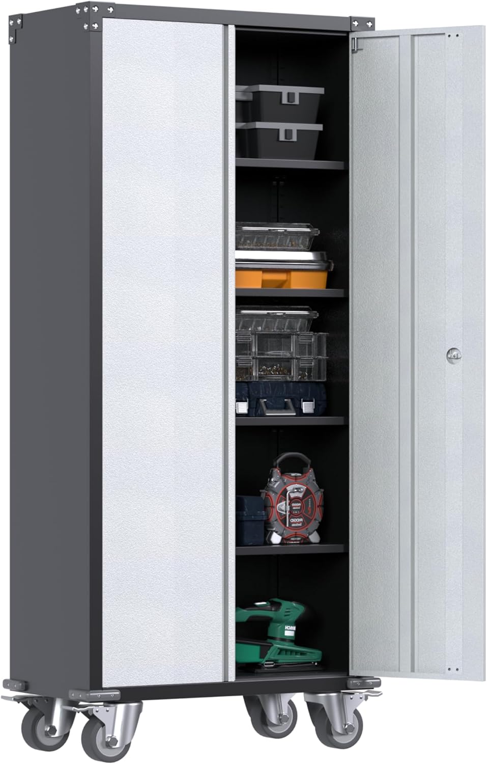 71'' Locking Metal Cabinet with 2 Door and 4 Adjustable Shelves, Lockable Garage Storage Cabinet on Wheels, Rolling Tool Cabinets for Utility Room, Home Office, Assembly Required