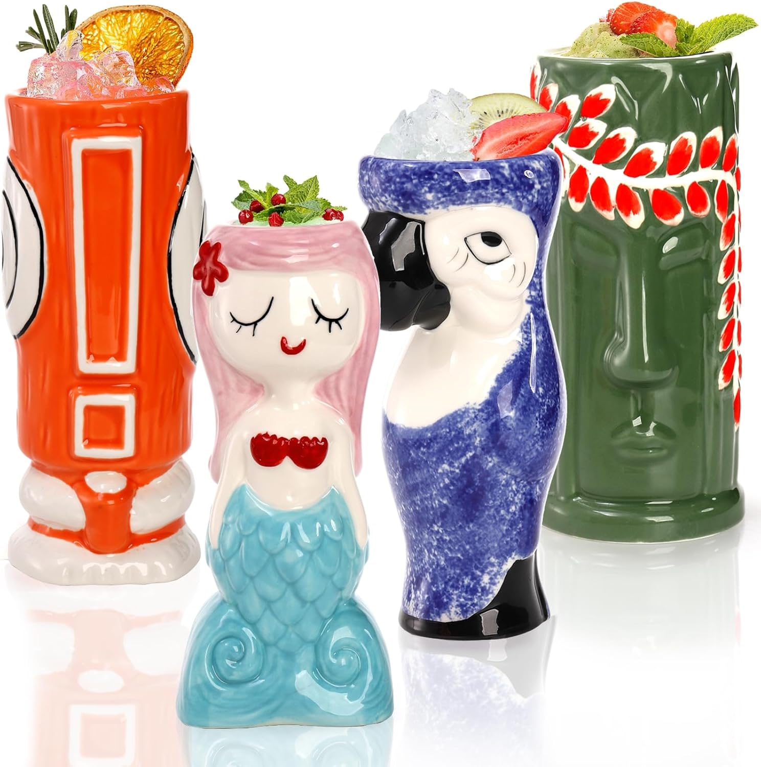 Peohud 4 Pack Ceramic Tiki Mugs, Exotic Tiki Glasses for Cocktails, Hawaiian Party Mugs, Tropical Tiki Drinking Tumbler Cups for Mai Tai, Pina Colada, Tiki Bar Professional Barware