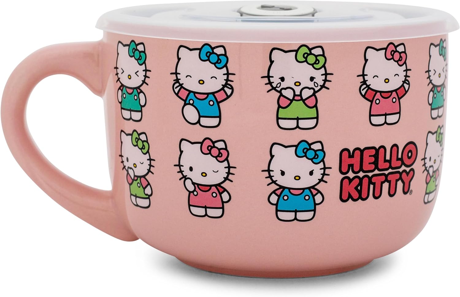 Sanrio Hello Kitty Expressions Ceramic Soup Mug Bowl With Vented Lid and Handle For Ice Cream, Cereal, Beverages | Holds 24 Ounces