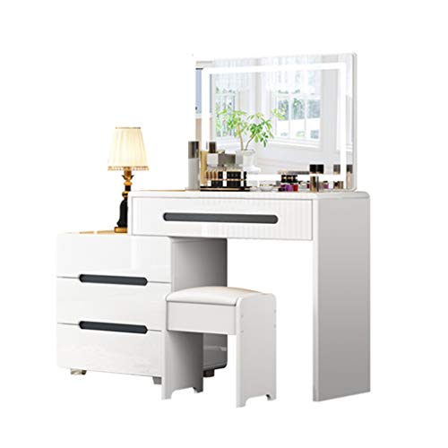 Vanity Table Set Deluxe White Dressing Table with Vanity Mirror Drawers Stool for Makeup Bedroom Jewellery Set (White+black 80x40cm) (White+black 90x40cm)