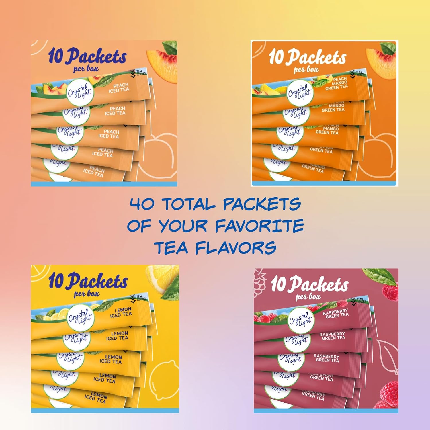 Crystal Light Tea Variety Pack Peach Iced Tea, Lemon Iced Tea, Raspberry Green Tea and Peach Mango Green Tea 1 Box Each (4 Pack) Powdered Drink Mix 40 Total Packets Bundle with Drink Pouch and Straw