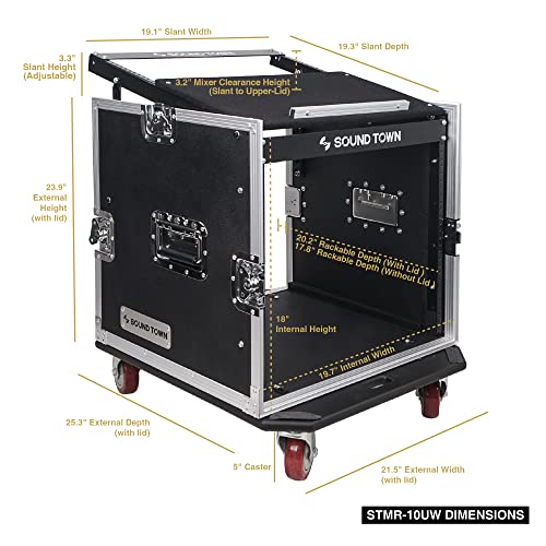 Sound Town 14U PA DJ Rack/Road Case with 11U Slant Mixer Top, 20’’ Rackable Depth and Casters, 14-Space ATA Case, Pro Tour Grade (STMR-14UW)