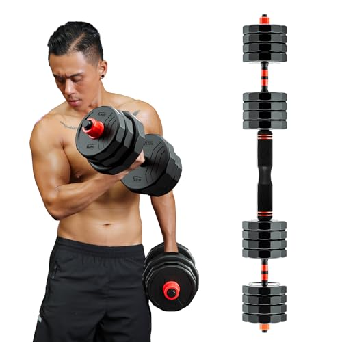 RUNWE Adjustable Dumbbell Barbell Set - 33/44/66/88lb Dumbbell Set, 4 in1 Dumbbell, Adjustable Kettlebell Pair, Barbell and Push up Bar, All-in-one Free Weight [Upgraded Double-lock Nuts]