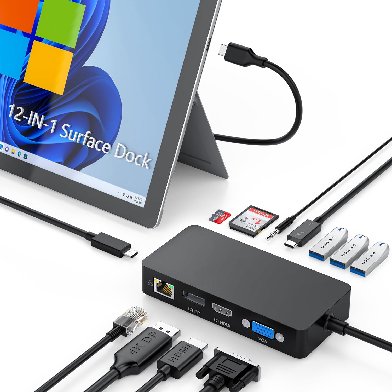 Upgrade Microsoft Surface Dock 2,12 in 1 USB C Surface Docking Stations with 4K@60HZ HDMI+DP+VGA,Ethernet,100W Power Supply for Surface Pro 9/8/X/7/6/5/4,Surface Laptop,Surface Book,Surface Go