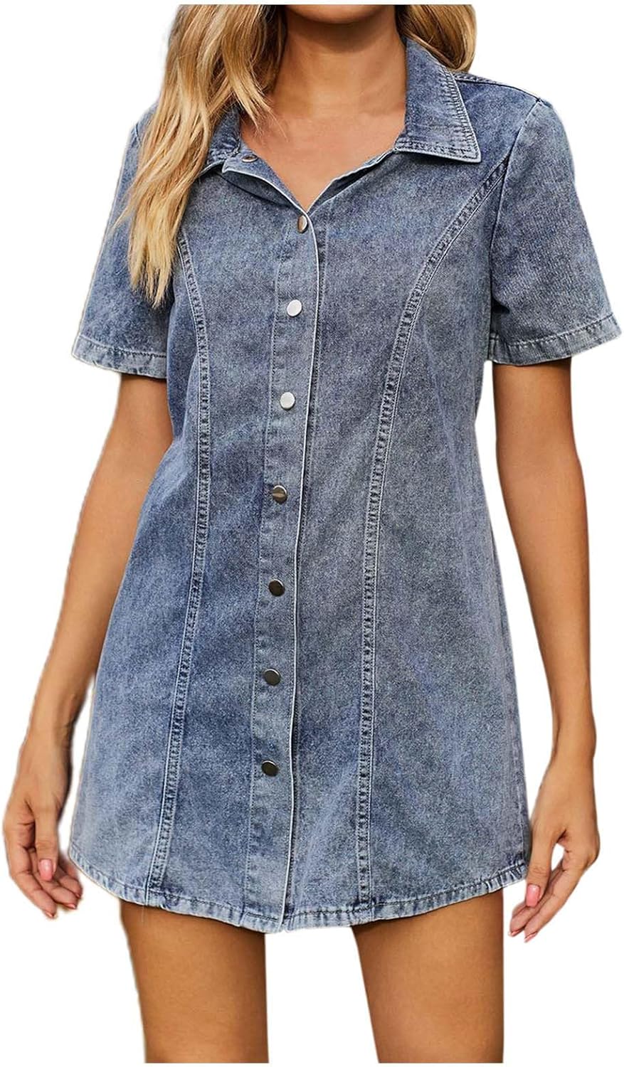 XJYIOEWT Plus Size Dresses for Curvy Women Maxi,Women's Chic Denim Dress with Snaps Notched and Elasticized Waist