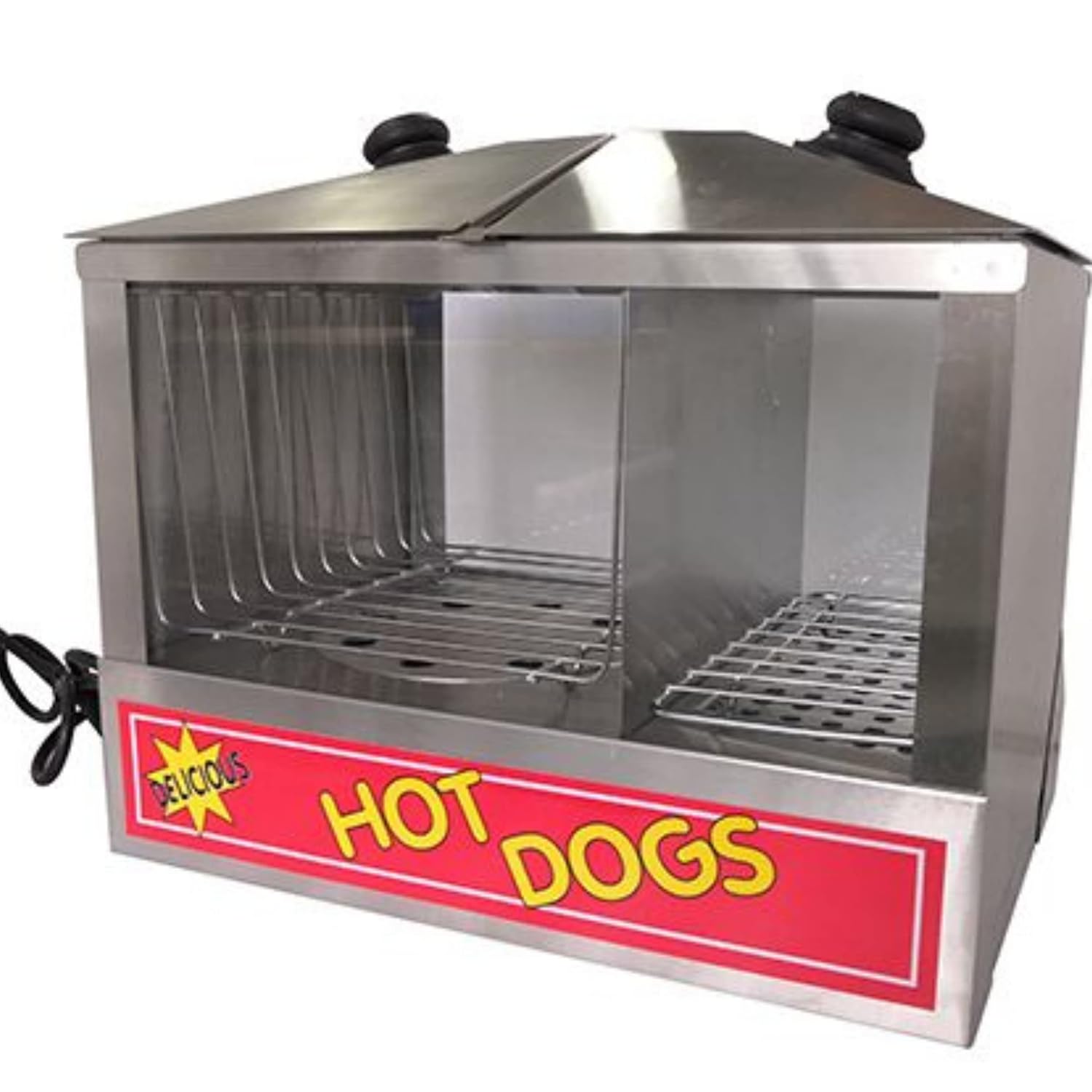 FSE HDS-1300W/100 Hot Dog Steamer and Bun Warmer with 100 Hot Dogs and 48 Buns Capacity, Top Loading, 18”W x 14.25”D x 16”H, Silver/Red