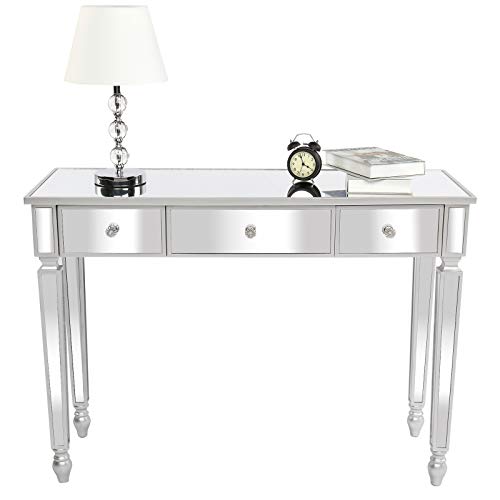 Mirrored Makeup Desk Vanity Dressing Table with Drawers Modern Mirror Glass Entryway Console Table Writing Desk Vanity Desk for Living Room Bedroom (Silver4)