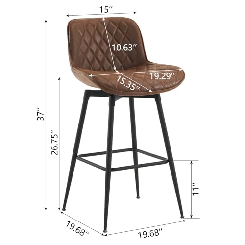 26 inch Bar Stool Set of 2, 360° Swivel Counter Barstool with Backrest, Counter Height Bar Stools, Modern Bar Chair with Footrest Black