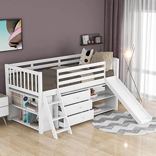 Wooden Twin Size Bed Frame Low Loft Bed with Attached Bookcases and Separate 3-Tier Drawers,Convertible Ladder and Slide,Twin,White