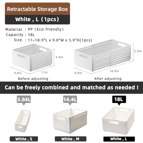 Retractable Plastic Storage Bins w/Handles, Expandable Stackable Organization and Storage Containers Organizers for Closet Kitchen Pantry Refrigerator Cabinet Dresser (White, 3.84L, 3PCS)
