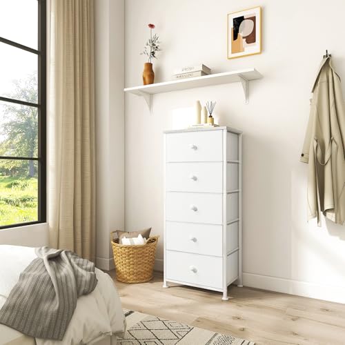 REAHOME 5 Drawer Dresser for Bedroom Storage Tower Closet Organizer Vertical Chest Sturdy Steel Frame Tall Dresser Wooden Top Removable Fabric Bins Office Organization (Leather White)