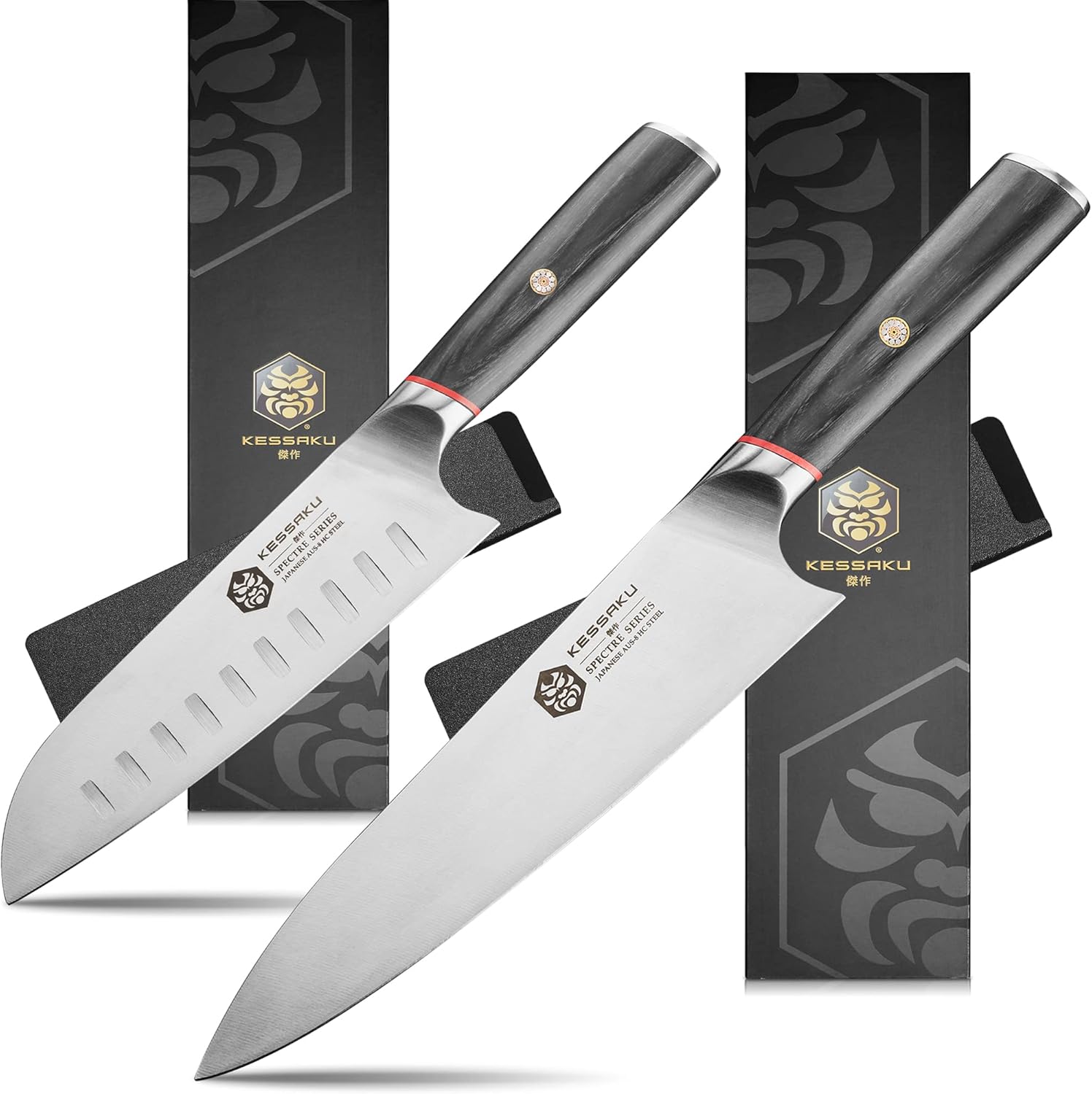 8-Inch Chef and 7-Inch Santoku - Spectre Series Knife Set - Forged High Carbon Japanese AUS-8 Stainless Steel - Pakkawood Handle with Blade Guards