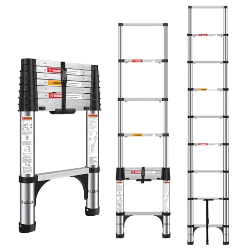 10.5 FT Stainless Steel Telescoping Ladders - One-Button Retraction Collapsible Extension Ladder for Home,RV,Attic,Lasts 375 LBS with Balance Bar and Wheels