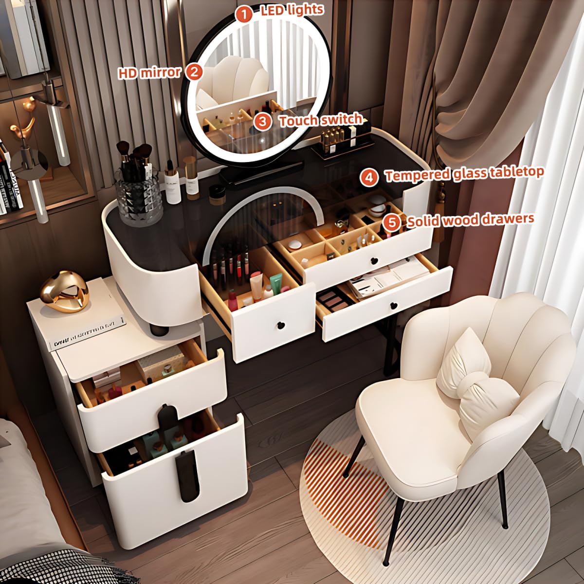 Makeup Vanity - White Vanity Desk with 5 Drawers and Tempered Glass Tabletop, Luxury Bedroom Dressing Table with Mirror and LED Lights & Makeup Chair, Suitable for Her (47'')