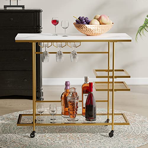 Cozy Castle Bar Cart, Home Bar Serving Cart, 2 Tier Wine Rolling Cart with Wheels, 3 Rows of Glass Holder, Wine Mobile Cart for Home Kitchen, Dining Living Room, Outdoor Black