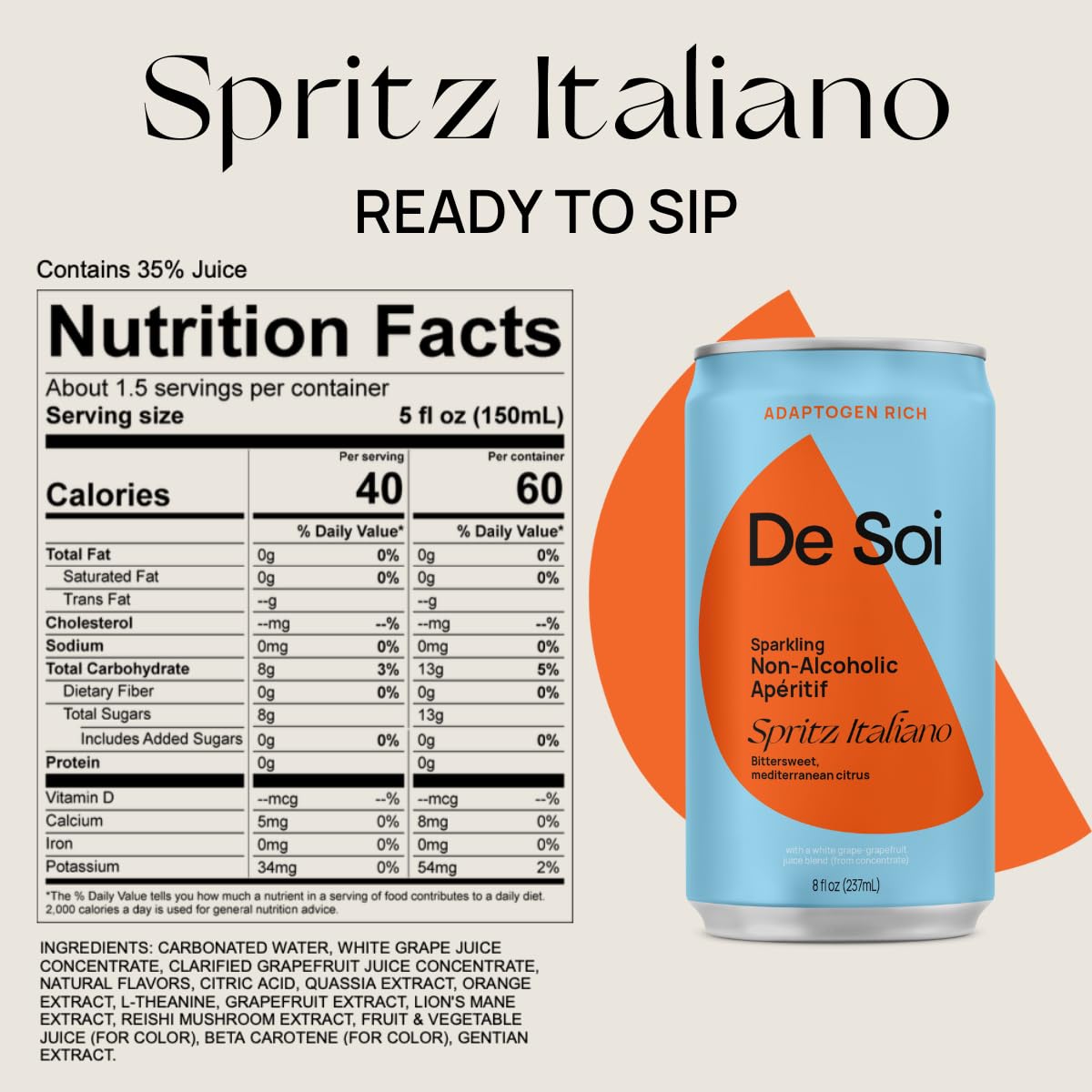 De Soi Spritz Italiano Non-Alcoholic Aperitif by Katy Perry - Sparkling Adaptogen Beverage with L-theanine, Lion's Mane, Reishi Mushroom | Non-Alcoholic, Vegan & Gluten-Free | 4-PACK (8 Fl Oz Cans)