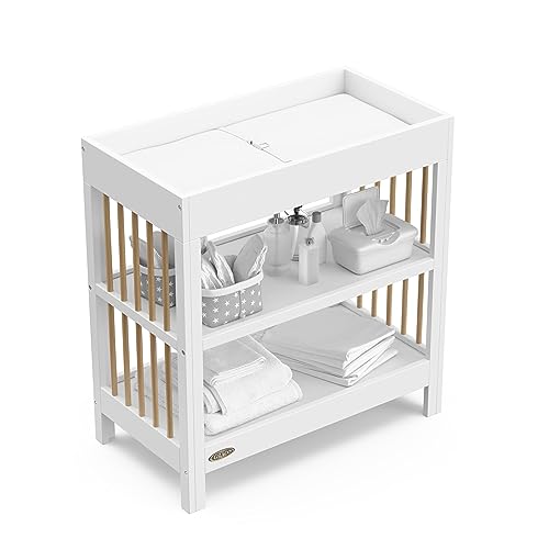 Graco Teddi Changing Table with Water-Resistant Changing Pad (White with Driftwood) - GREENGUARD Gold Certified, Includes Bonus Water-Resistant Changing Pad with Safety Strap, 2 Shelves, Easy-to-Match